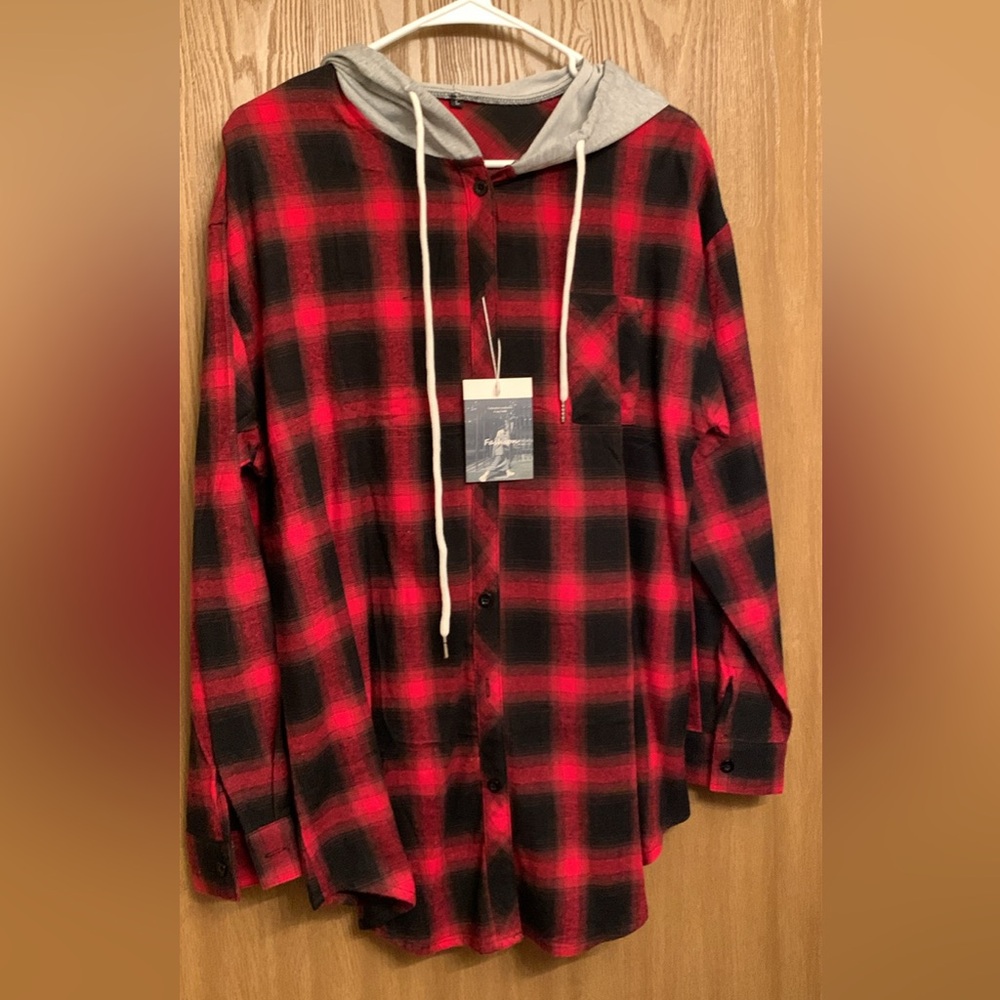 Red and Black Plaid Hoodie Shirt